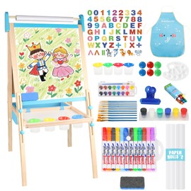 Ranqibo Wooden Adjustable Kids Easel, Learning Toy for Boys and Girls Aged 3-4 4-8 8-12, Wooden Blackboard & Magnetic Whiteboard & Drawing Paper Holder, 2 Drawing Paper Roll