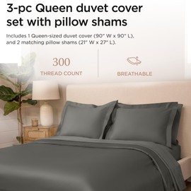 Threadmill Dark Grey Duvet Cover Queen Size Bedding Set, Breathable Comforter Cover, Soft 3-Pc Cotton Queen Duvet Cover Set with 2 Pillow Shams, Strong Button Closure & Corner Ties, Fits Full Duvet