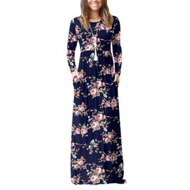 GRECERELLE Women Long Sleeve Casual Round Neck Loose Floral Maxi Long Dress with Pockets, Rose Navy, L