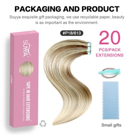 SUYYA Tape-In Real Hair Extensions, Invisible Tape-In Extensions, Real Hair, Silky Straight, Remy Tape Hair Extensions, Real Human Hair, 12 Inches / 30 cm, 20 Pieces, 40 g, #18/613 Ash Blonde with