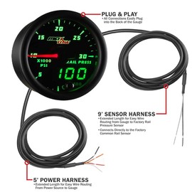 MaxTow Double Vision 30,000 PSI Fuel Rail Pressure Gauge - Compatible with 6.6L Chevy Duramax 2002-2018 & 5.9L / 6.7L Dodge Cummins Diesel 2003-2018 - Black Gauge Face - Green LED Dial - 2-1/16" 52mm
