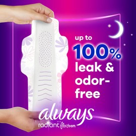 Always Radiant FlexFoam Pads for Women, Size , Extra Heavy Overnight Absorbency, % Leak & Odor Free Protection is Possible, with Wings, Scented,  Count