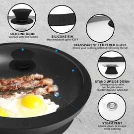 Glass Lid for Pans, Pots and Skillets Ventd Tempered Glass Lid with Heat Resistant Silicone Rim Fits 10.5" Diameter Cookware, Dishwasher Safe, Black