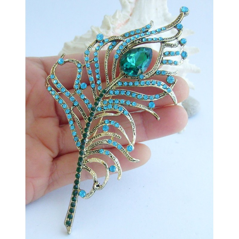 Sindary Rhinestone Crystal Peacock Feather Brooch Pin Pendant BZ5860 (Gold-Tone