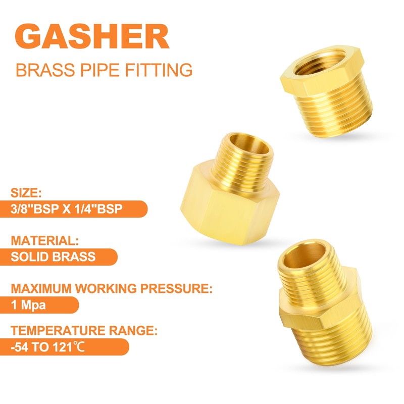 GASHER 6PCS Brass Pipe Fitting, Hex Bushing, Reducer Adapter, Reducing