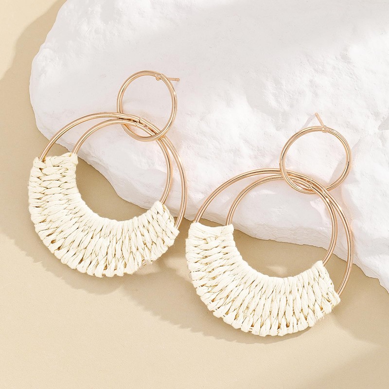 Boho Raffia Earrings for Women Summer Raffia Hoop Earrings Statement