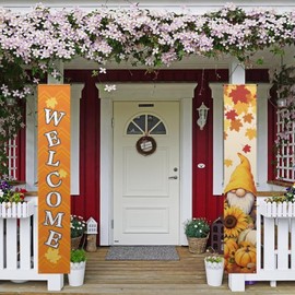 doginthehole Fall Door Banner Hanging Cute Gnomes Sunflowers Maple Leaf Welcome Porch Sign for Farmhouse Indoor Outdoor Holiday Party Harvest Thanksgiving Day Welcome Decorations