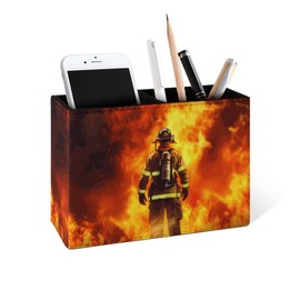Buyidec Pen Holder Pencil Holder for Desk Firefighter Standing Front Fire PU Leather Pens Pencils Holder Cup Desktop Desk Pencil Pen Organizer Makeup Brush Holder for Office School Home