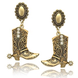 Western West Cowgirl Texas Boots Spur Dangle Drop Earrings Rodeo Boho Fancy Dress Costume,Vintage Gold Concho