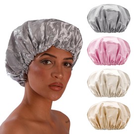 Smilco 4 Pack Shower Caps for Women, Reusable Waterproof Double Layer Bath Cap, Large EVA Elastic Hair Cover for Shower, Fits Long Hair & Braids, for Spa & Home