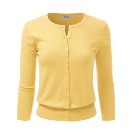 danibe Women's 3/4 Sleeve Crewneck Button Down Knit Sweater Soft Cardigan BABYYELLOW XL