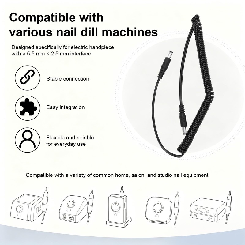Nail Drill Cord Replacement, 48.5cm/19.1in, 5.5x2.5mm/0.21x0.98in Connector