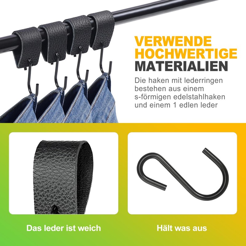 BondEron Pack of 6 S Hooks Black with Leather Loop,