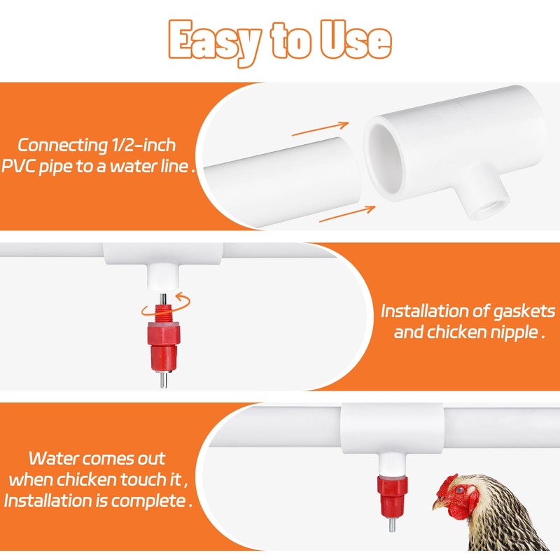 10Pcs Chicken Water Nipples, Chicken Nipple+Tee Waterer Kit, Automatic Poulrty