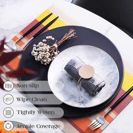 Elistonie Washable Placemats, Set of 6, Striped Vinyl Dining Mat, Place Mat, Wipe Clean Place Mats for Kitchen, Tear-Resistant, Heat Resistant, Non-Slip Placemats for Dining Table (Sunset Gold)