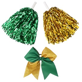 Hanaive 3 Pcs Plastic Cheerleading Pom Poms and Large Cheerleader Hair Bow Metallic Foil Pompoms Cheer for Cheering Squad Dance Rooters Accessories(Green Gold,Classic)