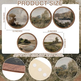 RattanView 5 Pcs Vintage Wall Art Rustic Landscape Farmhouse Wall Art Round Wooden Country Prints Pictures for Wall, Ret