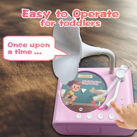 HALCONTORNO Kids Music Record Player with Speakers - 96 Recorded & 8 DIY Discs, Bluetooth Song Story Machine, Portable Retro Phonograph Toy for Toddlers, Gifts for Boys Girls Ages 3-12 (Pink)