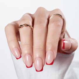 Modelones Fall Halloween French Tip Press on Nails Short, Square Fake Nails, Reusable Nail Kit with Nail Glue Adhesive Tabs Mini Nail File, Nails Press Ons 32Pcs 16Sizes, Women Girl Gift, Red