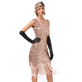 Women's Vintage 1920s Flapper Sequin Beads Dress with Roaring 20s Gatsby Accessories Set for Great Gatsby Party (Pink, X-Large)