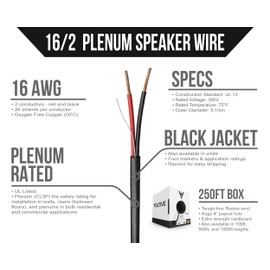 Voltive 16/2 Plenum Speaker Wire - 16 AWG/Gauge 2 Conductor - UL Listed Plenum Rated (CL2P/CL3P/CMP) - Oxygen-Free Copper (OFC) - 250 Foot Bulk Cable Pull Box - Black