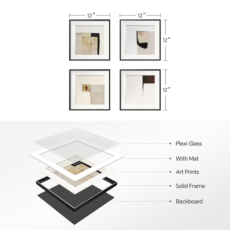 4 Piece Framed Neutral Abstract Modern Wall Art for Living