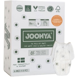 Joonya Pull-Up Pants Baby Diapers, Size 6 XXL (33+ lb) - 6 Bags of 21 (126) - Non Toxic, Eco-Friendly, High Absorbency, Overnight Use, Ultra Slim & Soft - Made in Denmark