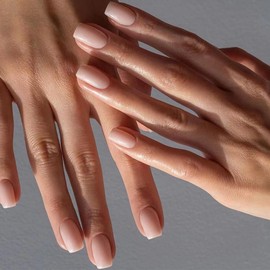 Nude Press on Nails Short Medium Square Fake Nails Solid Color Glossy False Nails Full Cover Acrylic Glue on Nails Pure Pink Artificial Stick on Nails for Women Finger Manicure 24Pcs