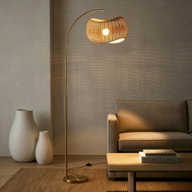 Brightech Wave Arc Floor Lamp - Chic Standing Lamp with Unique Hanging Wicker Pendant Shade for Living Room, Boho Rattan Natural Decor Lamp, Arcs Over Sofa, Bedroom & Office Desk for Reading - Brass