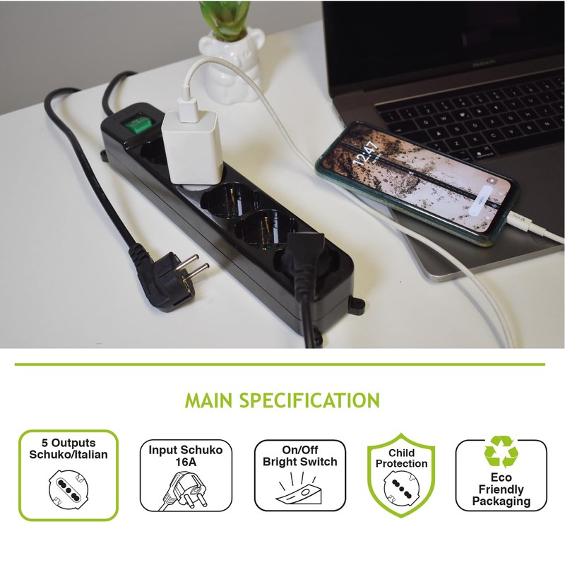 Tecnoware Power Strip - Electrical Power Strip with 5 Schuko/Italy
