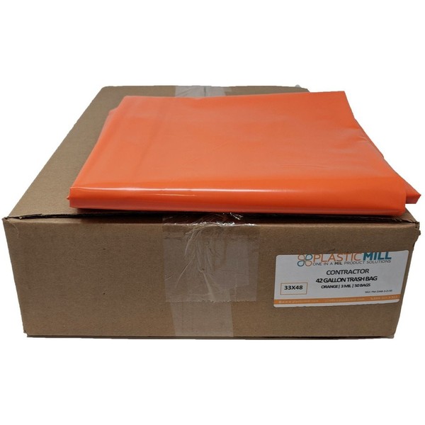 PlasticMill 42 Gallon Contractor Bags: Orange, 3 MIL, 33x48, 50 Bags.