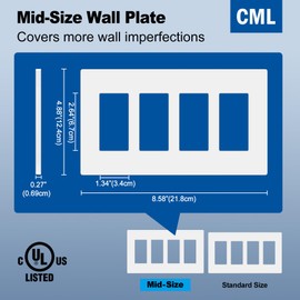 CML Screwless Wall Plate Cover, 4-Gang Mid-Size 4.88" x 8.58", Midway Quad Faceplate Cover for Decorator Receptacle Outlet & Switch, 1 Pack, White