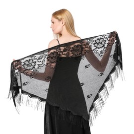 simarro Women Lace Wraps Shawls Soft Mesh Fringe WrapsTriangle Scarf Shawl for Wedding Evening Party Dresses(Black)