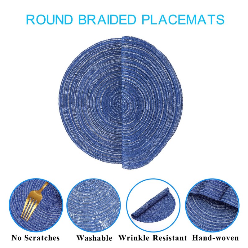 Blue Round Placemats Set of 6, ZOIMINU 36cm/14.2 inch Braided