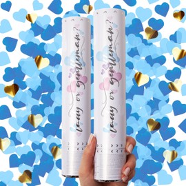 PRIMEPURE PrimePure Gender Reveal Confetti Cannon - Heart Shaped Confetti Poppers - Blue 2 Pack - Baby Boy Gender Reveal Party Poppers Party Cannons Shooter Blaster