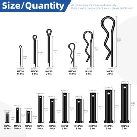 Glarks 100pcs 16 Sizes Clevis Pins with Cotter Pins and R Clips Set, Black, Include 50pcs Link Hinge Pins with 25pcs Key Fastener Fitting and 25pcs R-Clips, Single Hole Flat Head Clevis Pins Kit