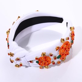 NVENF Thanksgiving Headband for Women Beaded Turkey Fall Headband Accessories Jeweled Pearl Rhinestone Knotted Hairband Autumn Fall Thanksgiving Hair Accessory Outfits Holiday Gifts (Pumpkin 2)