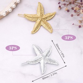 HINZIC 6PCS Starfish Hair Clips, Metal Beach Sea Star Ponytail Holder Headpiece Mermaid Gold Silver Glitter Hair Pins Bangs Side Barrettes Hair Accessories for Women Girls Wedding Birthday Christmas