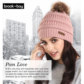 Brook + Bay Pom Pom Beanie Winter Hat for Women - Faux Fur Pompom Warm, Thick & Chunky Soft Cable Knit Hats - Cute & Trendy Cold Weather Knitted Caps - Stylish & Trendy Snow & Ski Beanies for Ladies