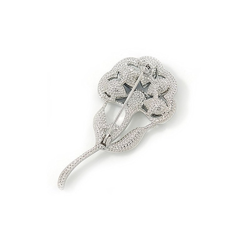 Stunning Blue CZ, Clear Austrian Crystal Floral Brooch In Rhodium