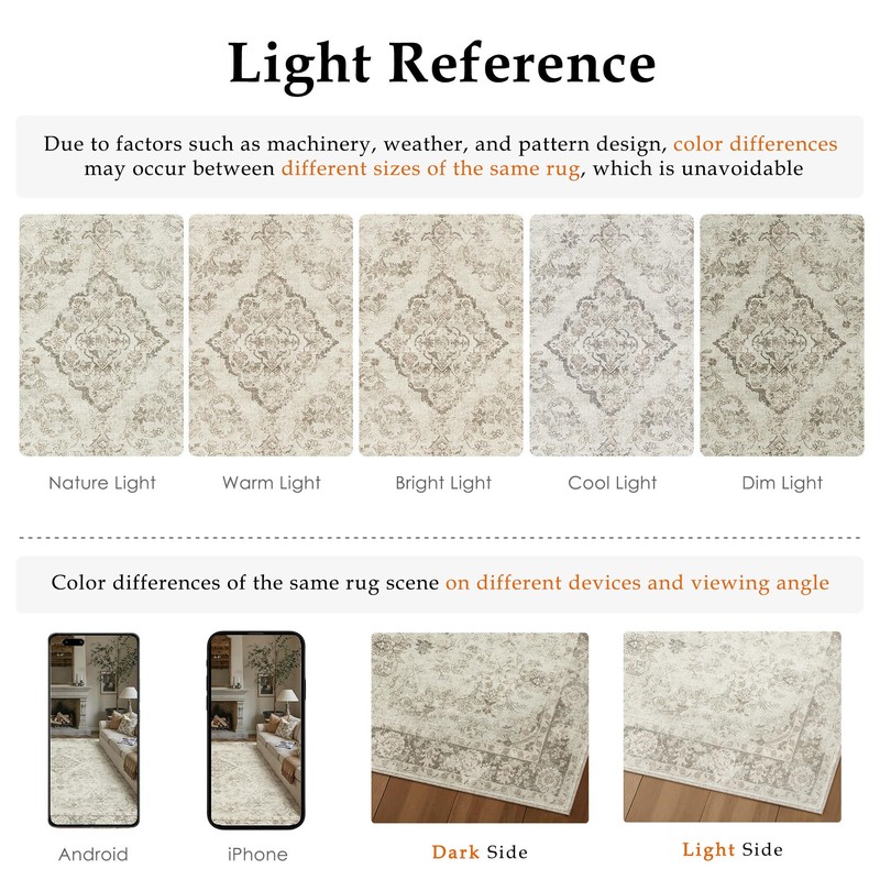 PureCozy 8x10 Washable Neutral Area Rug Living Room Beige Vintage