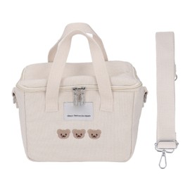 Diaper Shoulder Bag Oxford Cloth Large Capacity Embroidery Bear Pattern Mom Travel Bag with Handle for Baby Bottle White
