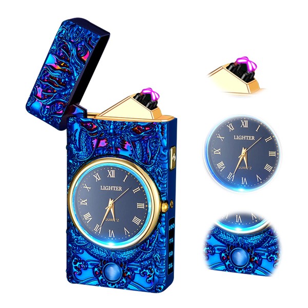 TIKIUKI Encendedor multifunción con visualización LED, encendedor de arco, fuerte, resistente al viento, recargable por USB, encendedor de metal de lujo con esfera de reloj, adecuado para regalos (azul)