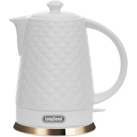 LONGSEED Ceramic Electric Kettle, 1.5L/1200W Boil Water Quickly and Easily with Boil-Dry Protection Auto Shut Off, Detachable Swivel Base, White Relief Carving
