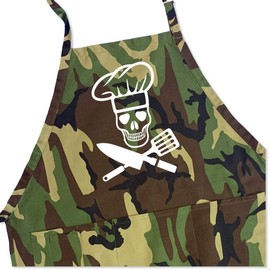 ApronMen - BBQ Grill Apron - Pirate Cook Skull Chef - 1 Size Fits All Chef Apron 4 Utility Pockets, Adjustable Neck and Extra Long Waist Ties - Camo Color