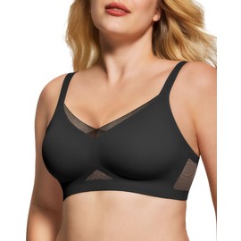 As Fairy Womens Bra No Underwire Seamless Wireless Bra with Soft Support V Neck Mesh Bras Lace Bralette Everyday Bra (Black+Nude,S)