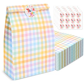 PHOGARY 50pcs Small Paper Gift Bags Bulk, Colorful Plaid Kraft Paper Party Favour Bag with 60 Thank You Stickers, Treat Goody Sweet Candy Gift Wrap Bag for Kids Birthday Baby Shower Party Supplies