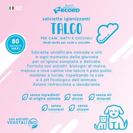 Record Wet sanitizing wipes for Dogs and Cats. Dog Wipes and Cat Wipes. Pack of 80. Pet Wipes for Hair, Paws, Muzzle and Eyes. Respect Skin and PH. Talcum Aroma