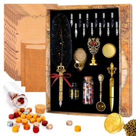 MPRINCE Quill Pen-Feather Calligraphy Pen Ink Set.Includes Feather Dip Pen.Ink.12 Replacement Nibs.Pen Holder.2 envelopes.8 sheets of envelope paper.Tree of Life Seal(Black)