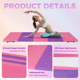 5-Panel Gymnastics Mat,Thick Exercise Mat with Carrying Handles,Folding Tumbling Mat for Yoga, Pilates, Stretching（8'x4''）